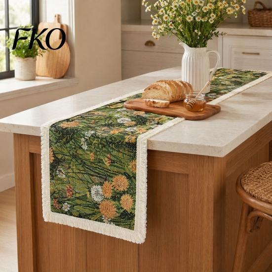 Fringed Edge Table Runner Runner, Vintage Floral Printed with Durable Edges, Protects from Heat Scratches Spills