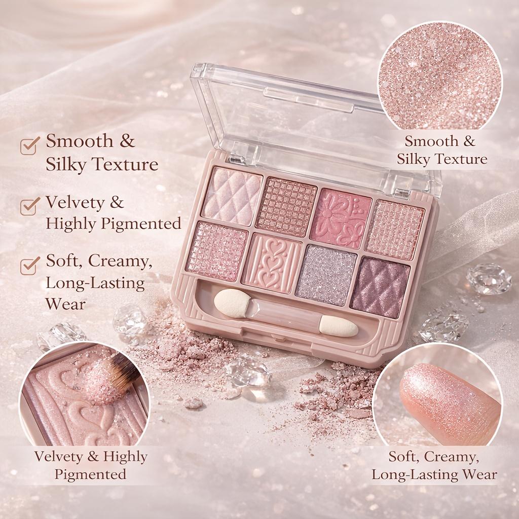 8pcs Eyeshadow Palette Set Available In Matte and Shimmer Finishes Featuring A Pearl Texture, Long Lasting and Highly Saturated Light Pink Tones