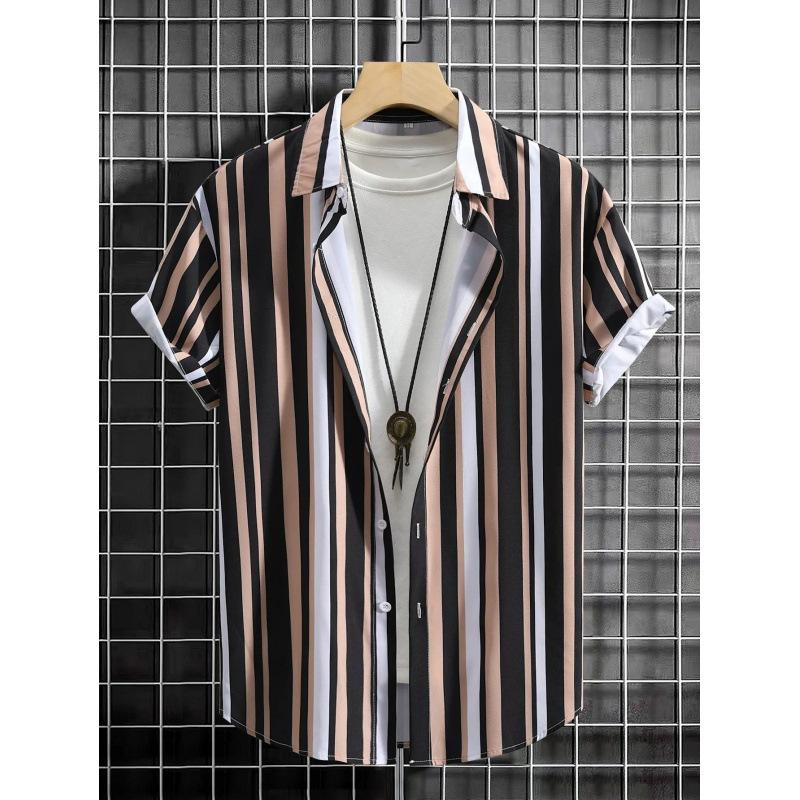 Summer new men's top striped D print men's cardigan lapel