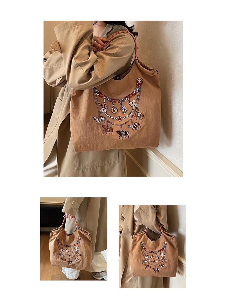 2026 Spring Japanese Style Eco-friendly Nylon Embroidered Tote - Large Capacity Casual Single Shoulder Bag for Women