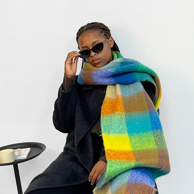Color Plaid Scarf Women's Winter Warm Scarf Mohair Thickened Long Scarf Hot Shawl