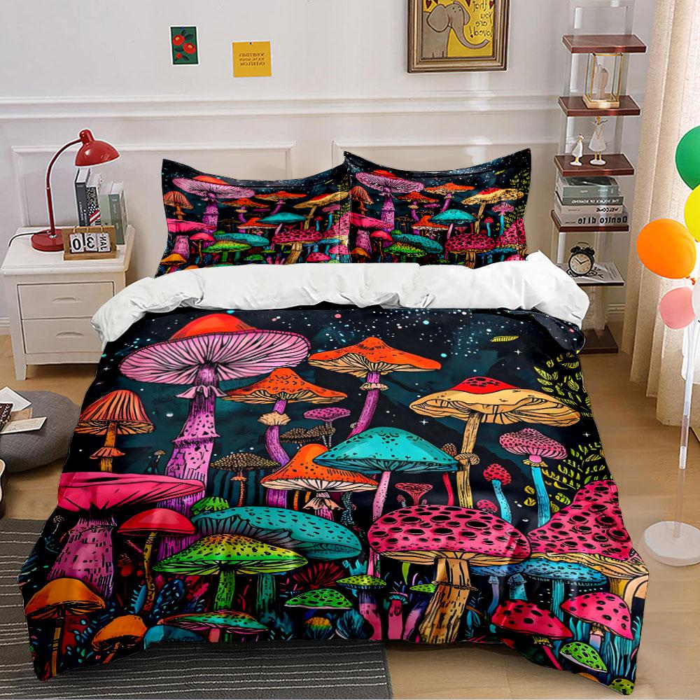 Colorful Mushroom Forest Print Bedding Duvet Cover Set Duvet Cover Pillowcases (1 * Duvet Cover 2 * Pillowcases, without duvet insert)