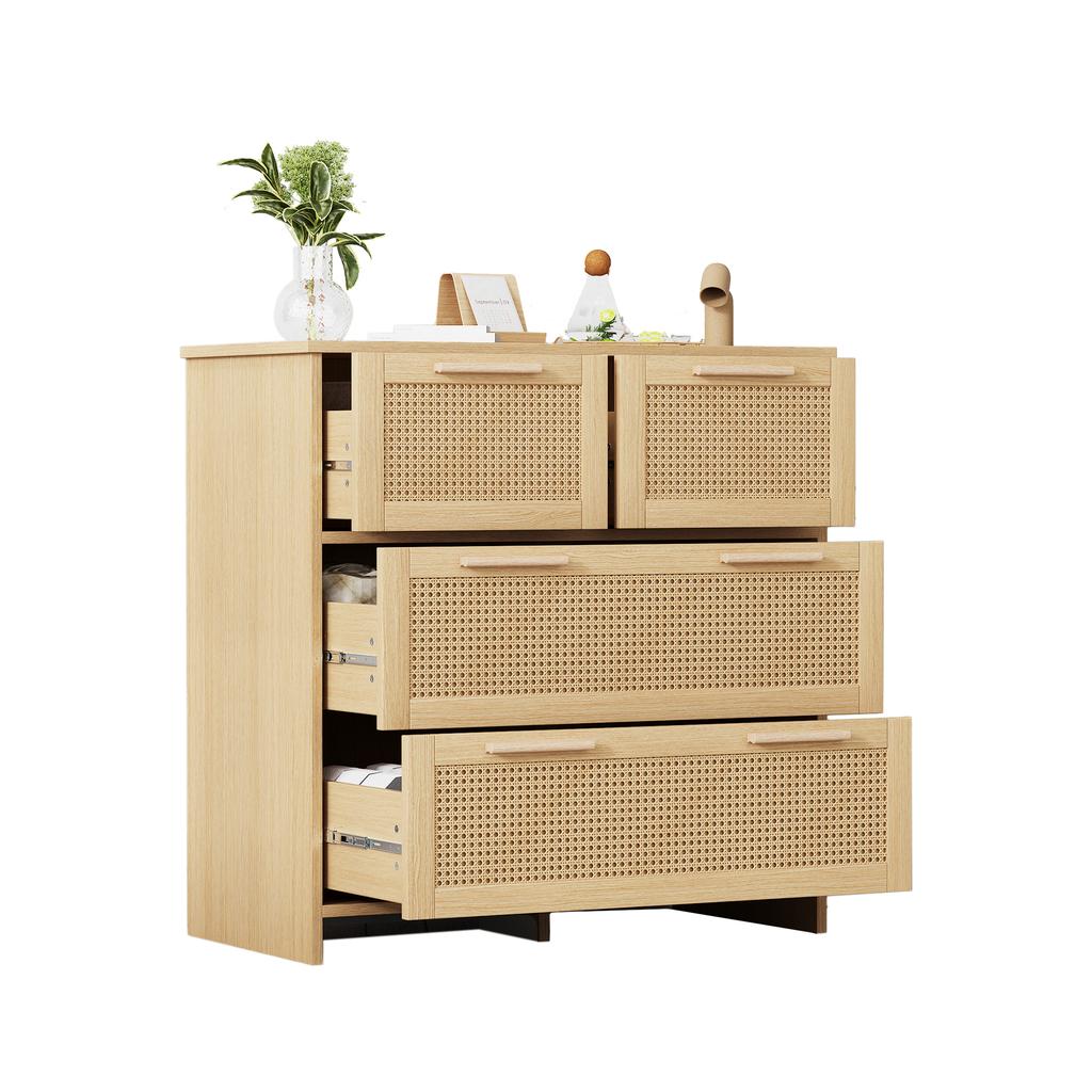 Hochwertiger Rattan-Schrank mit 4 Schubladen und Griffen aus Massivholz - Geeignet für Schlafzimmer, Wohnzimmer, Esszimmer, Flur - Maße: B80/H80/T38 cm