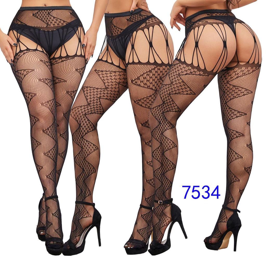 Women's Sexy Crotchless Fishnet Suspender Stockings with Eye Jacquard Design - Style 7501