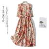 Floral Cotton and Linen Dress for Women's 2025 Summer New Loose Retro Waist and Thin V-neck Seven-quarter Sleeve Pendulum Length