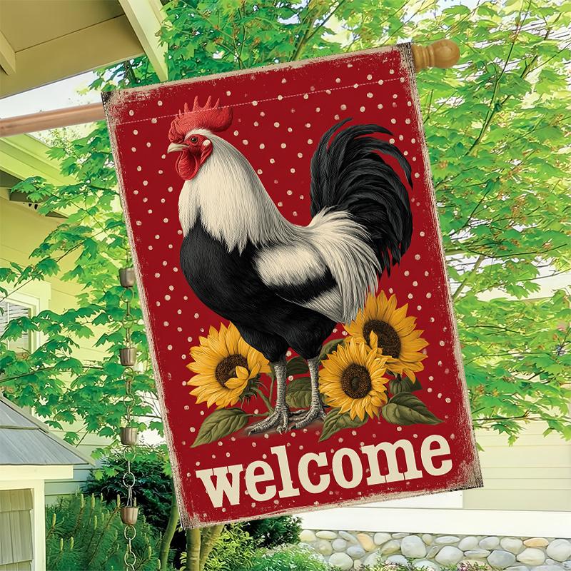 2D Flat, 2D Flat,1pc a Black and White Rooster Standing on Top of Sunflowers, with the Word Welcome Written at the Bottom in a Polka Dot Pattern Style