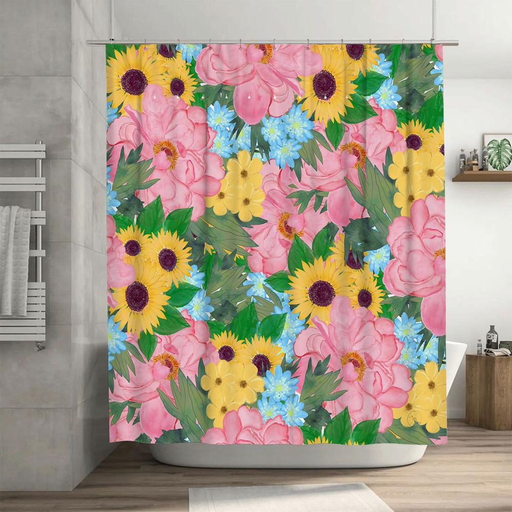 Bright Floral Waterproof Bathroom Shower Curtain Decor Set With Sunflowers, Pink Peonies And Bluebells Home Accents For A Sunny