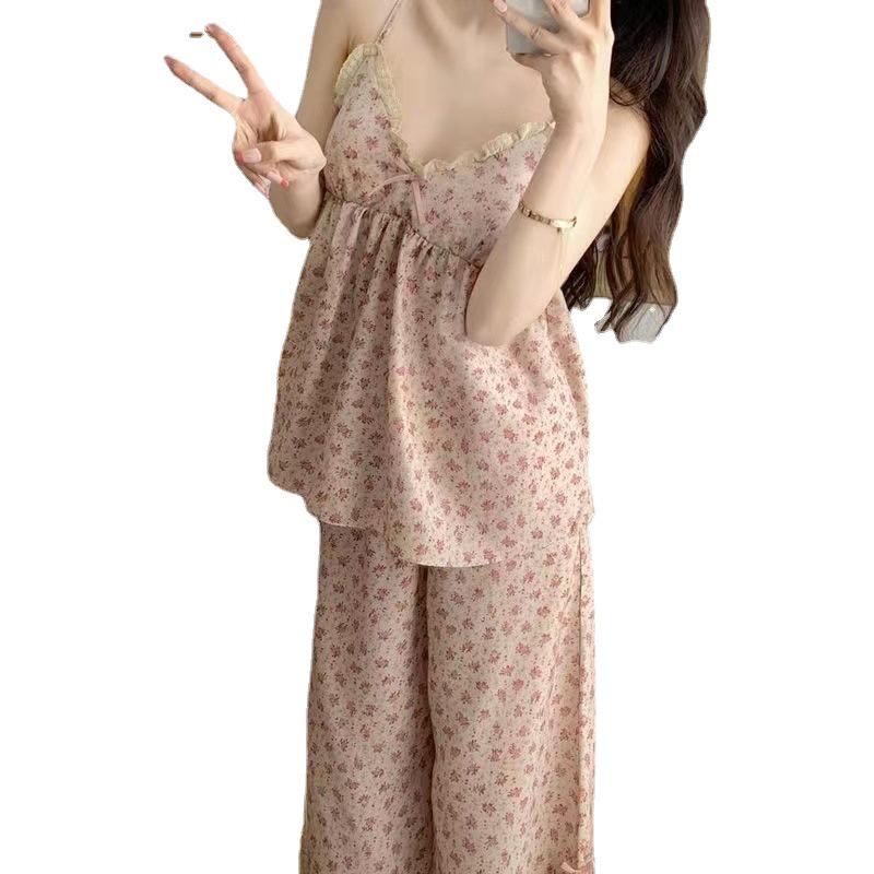 2023 Summer Women's Retro Floral Spaghetti Strap Long Pants Pajamas