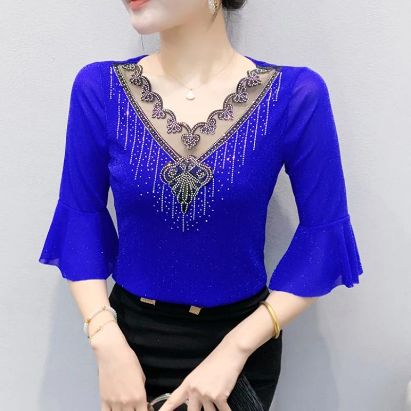 Summer Fashion Sexy V-neck Girl T-shirt Clothes Shiny Hot Diamond Flare Sleeve Mesh Tees High Quality Women's Tops