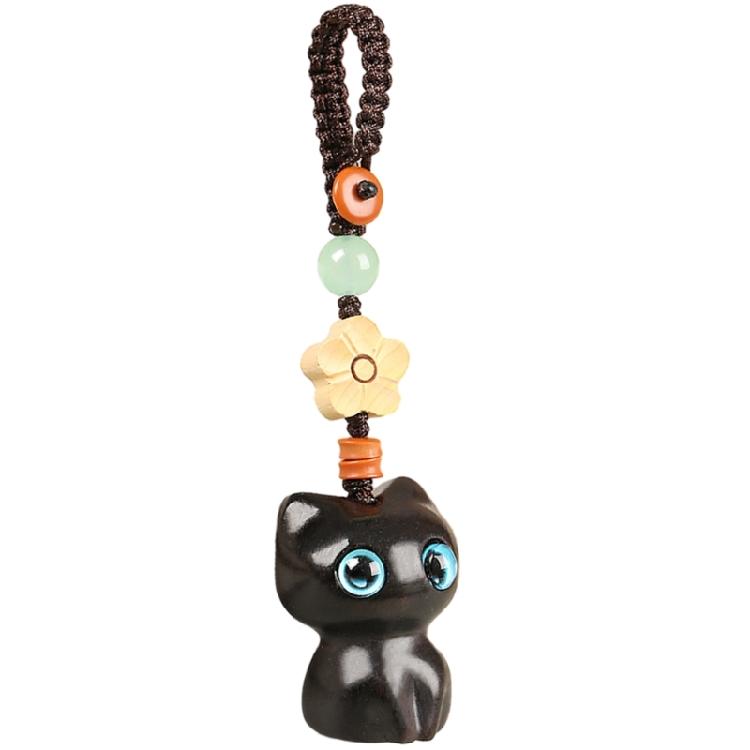 Hand Woven Keychain Wood Engraved Cat Pendant Keychain for Car Keys Backpack 1