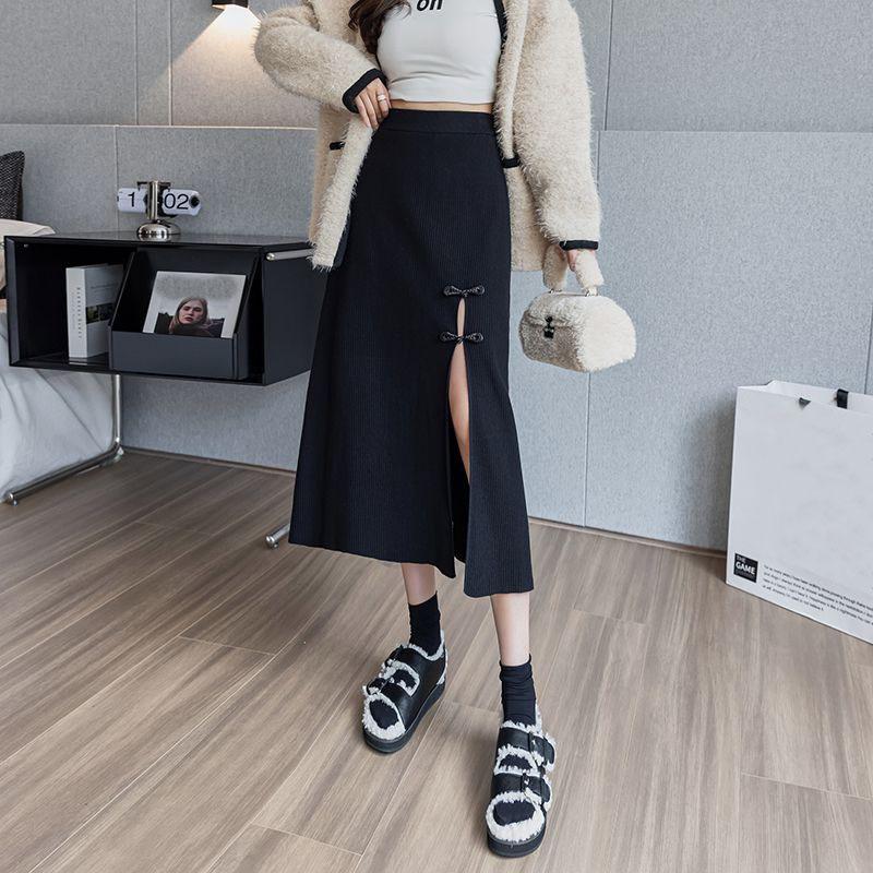 Pan Buckle Split Skirt for Women's Autumn High Waist A-line Knitted Hip Hugging Skirt