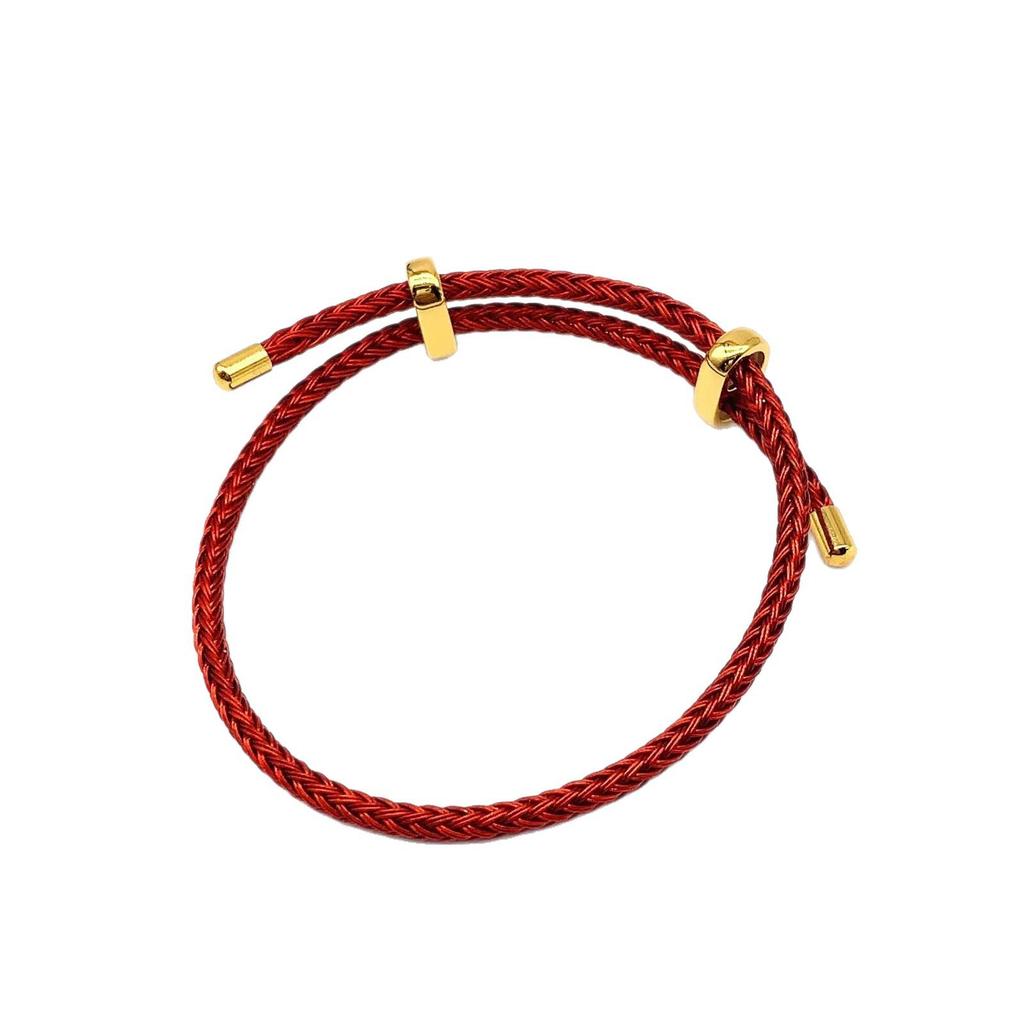3mm Adjustable Steel Hand Rope Bracelet with Figure-Eight Buckle, Hard Gold Lucky Pixiu Beads, Red Rope Zodiac Design