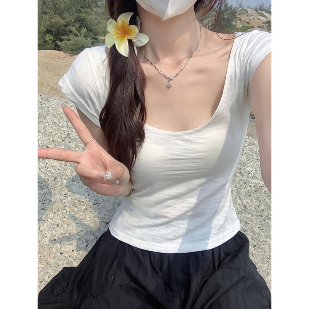 Low U-neck Front Shoulder Pink Short-sleeved T-shirt Women's Summer Sweet and Spicy Pure Desire Wind Slim and Thin Bottomed Shirt Top