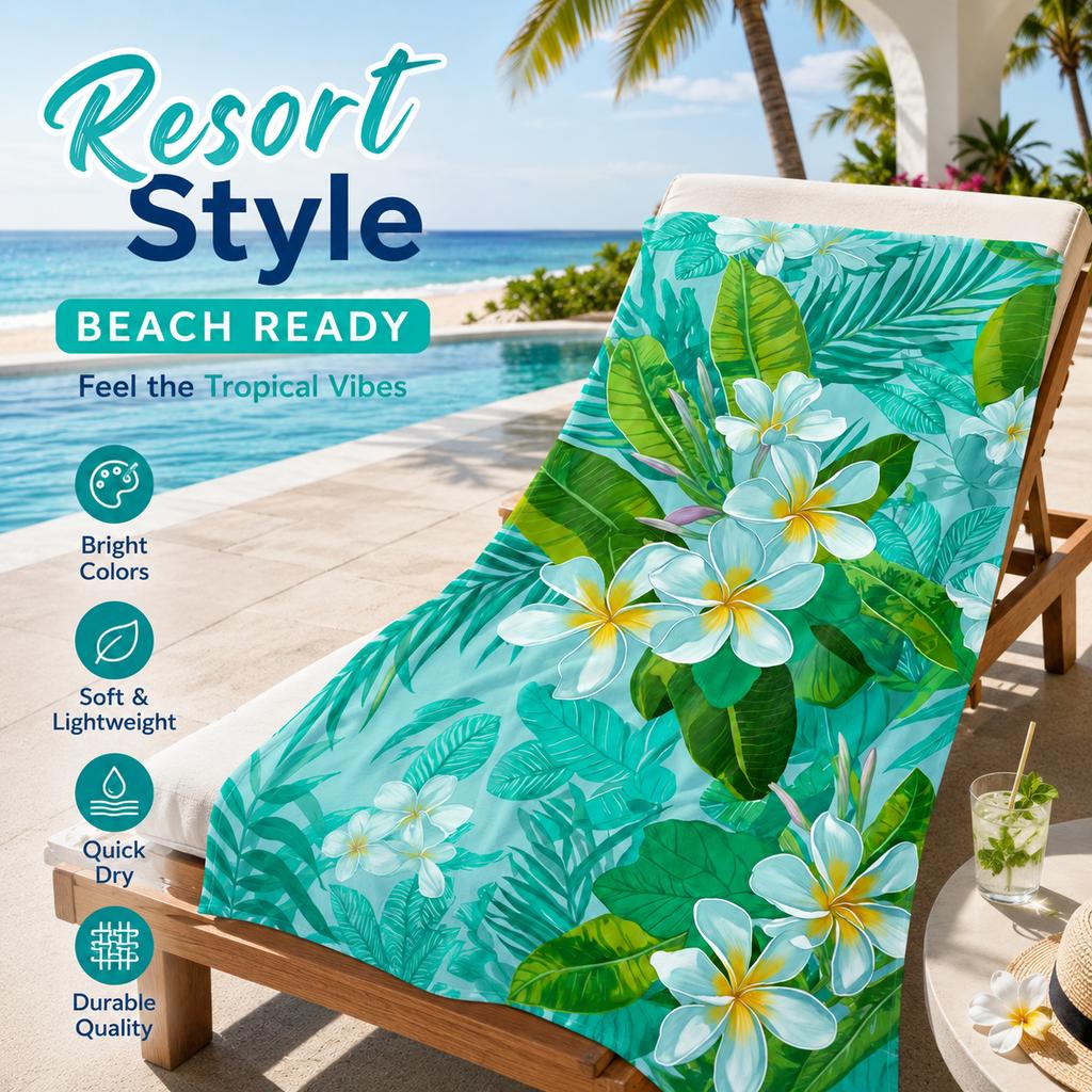 Tropical Flower Beach Towel Sand Free Quick Dry Flat Print Plumeria Floral Bath Towel for Summer Travel Holiday Pool Party