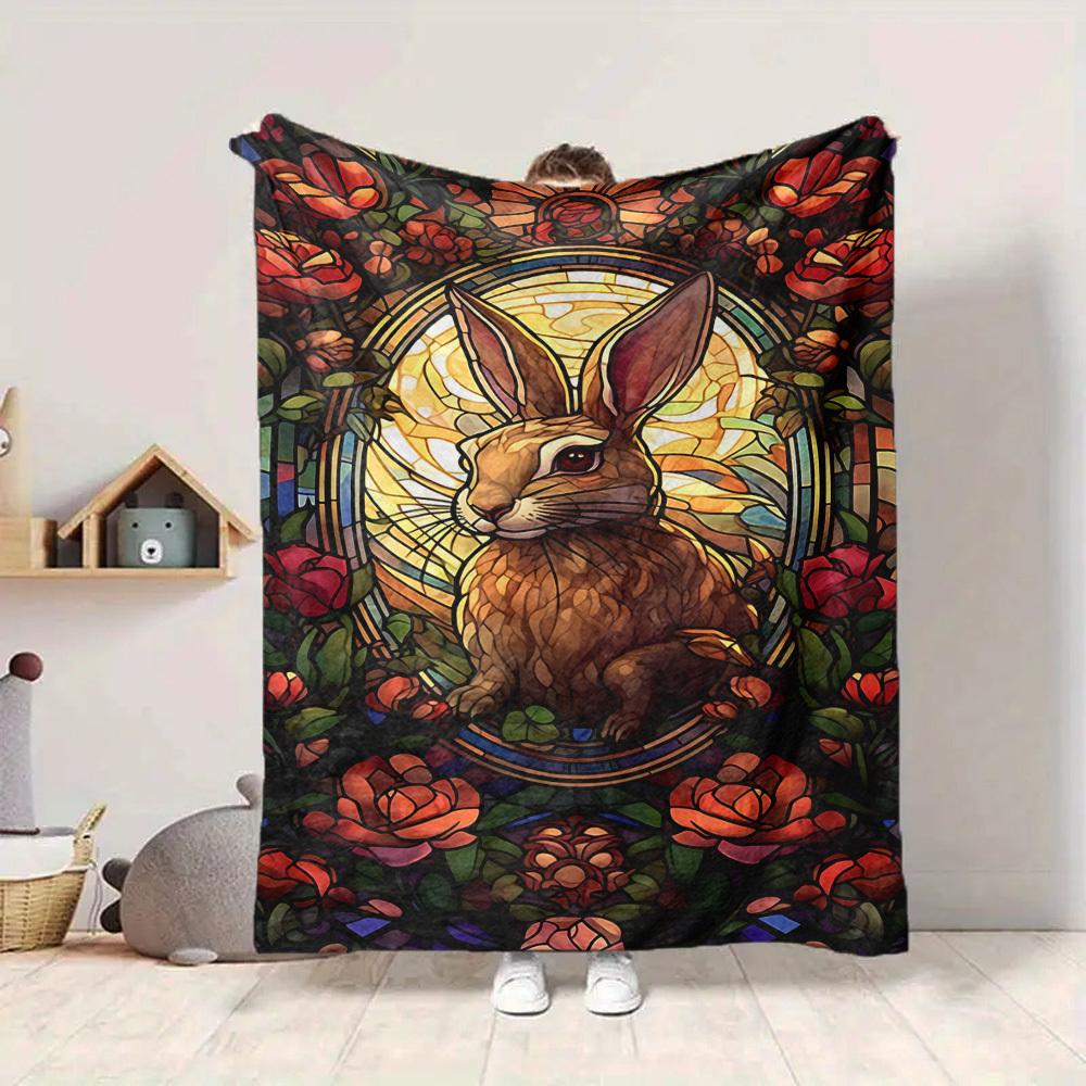 1pc Stained Glass Bunny Blanket Lightweight Flannel Blanket Throw Blanket For Sofa, Bed, Travel, Camping, Livingroom, Office, Couch, Chair, And Bed yy