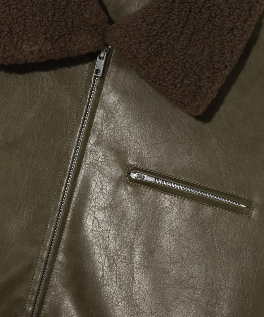 Trillion Fleece Collar Flight Leather Jacket_Khaki