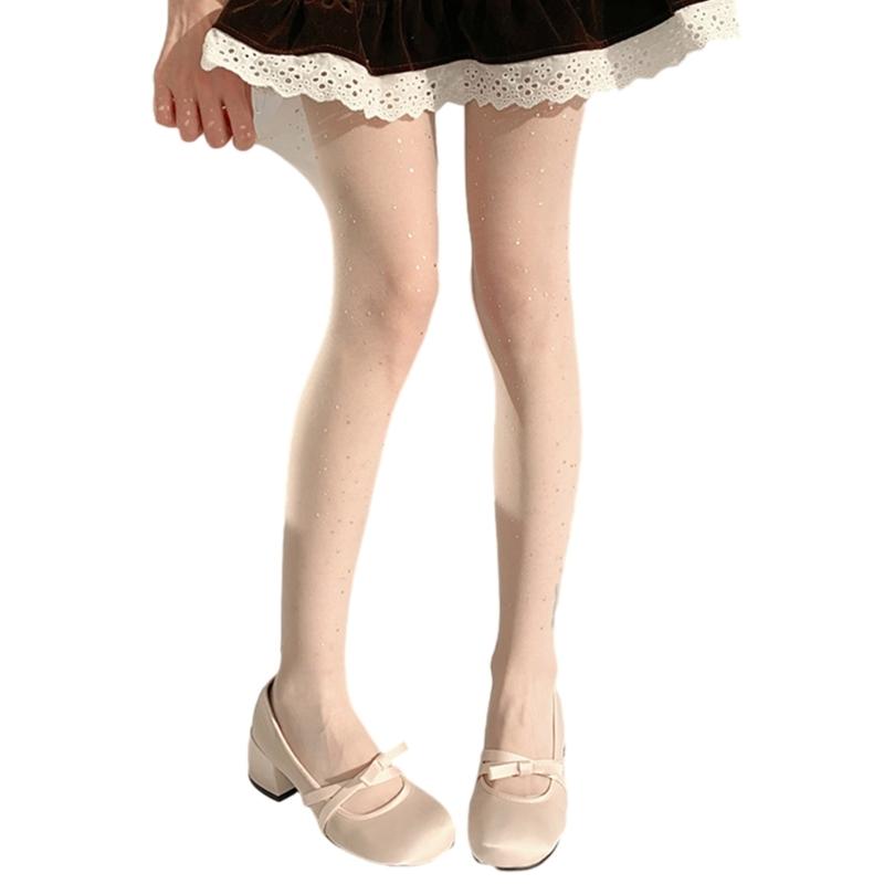 Women Sweet JK Preppy Ultra-Thin Sheer Pantyhose Stockings Glitter Rhinestones Dots See-Through Tights Leggings Hosiery