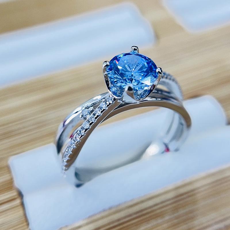 100% Or 18 carats 1 Carat Pierre Précieuse Bleue Bagues Diamant Bijoux Fins pour Femmes Cadeau de Luxe Anneaux de Mariage en Or 18 carats Bague de Fiançailles