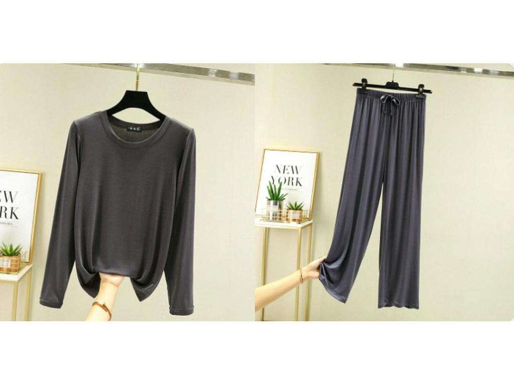 Damski jesienny zestaw piżamowy z bawełny modalnej – bluzka z długim rękawem i spodnie z szerokimi nogawkami