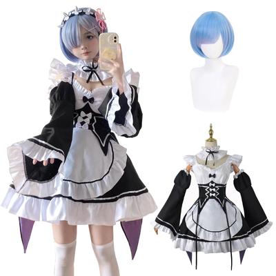 Costume Cosplay Rem avec Bleu Clair Court Cosplay Adulte Habillé École Scène Perruque Cosplay Rem, Cheveux, Tenue ReZero, Taille, Robe,