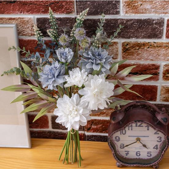 Artificial Dahlia Flower Bouquet Faux Silk Floral Arrangements with Eucalyptus Leaves for Dining Table Centerpieces DIY Wedding Bridal Bouquet