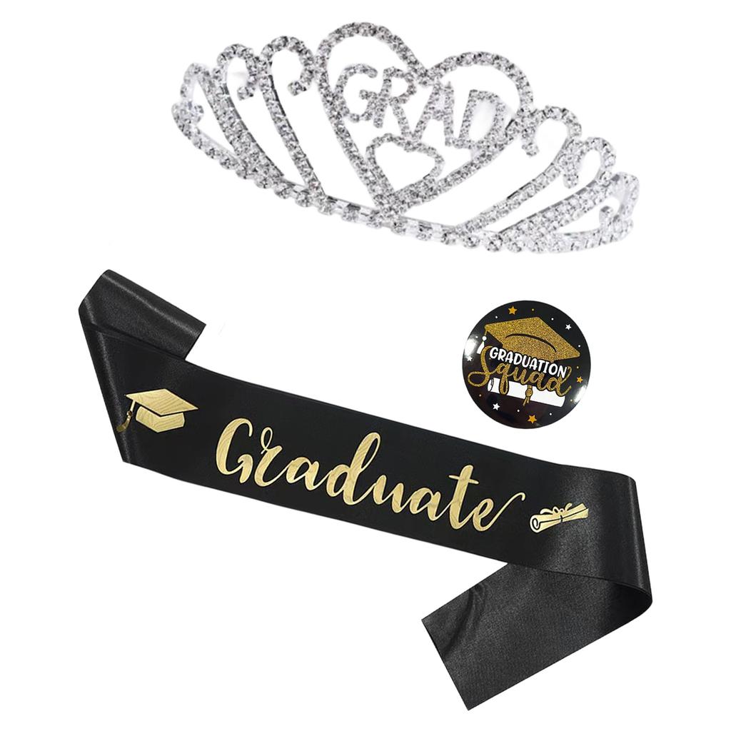 Graduate Crowns and Sash Badge Set Congratulations Grad Party Decorations 2026 Women's Grad Tiaras and Sash Brooch