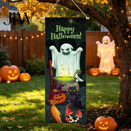 Entrance Door Decorations Halloween Flag Banner Backdrop, Spooky Pumpkin Witch Ghost Hanging Outdoor Banners Background Decoration for Indoor