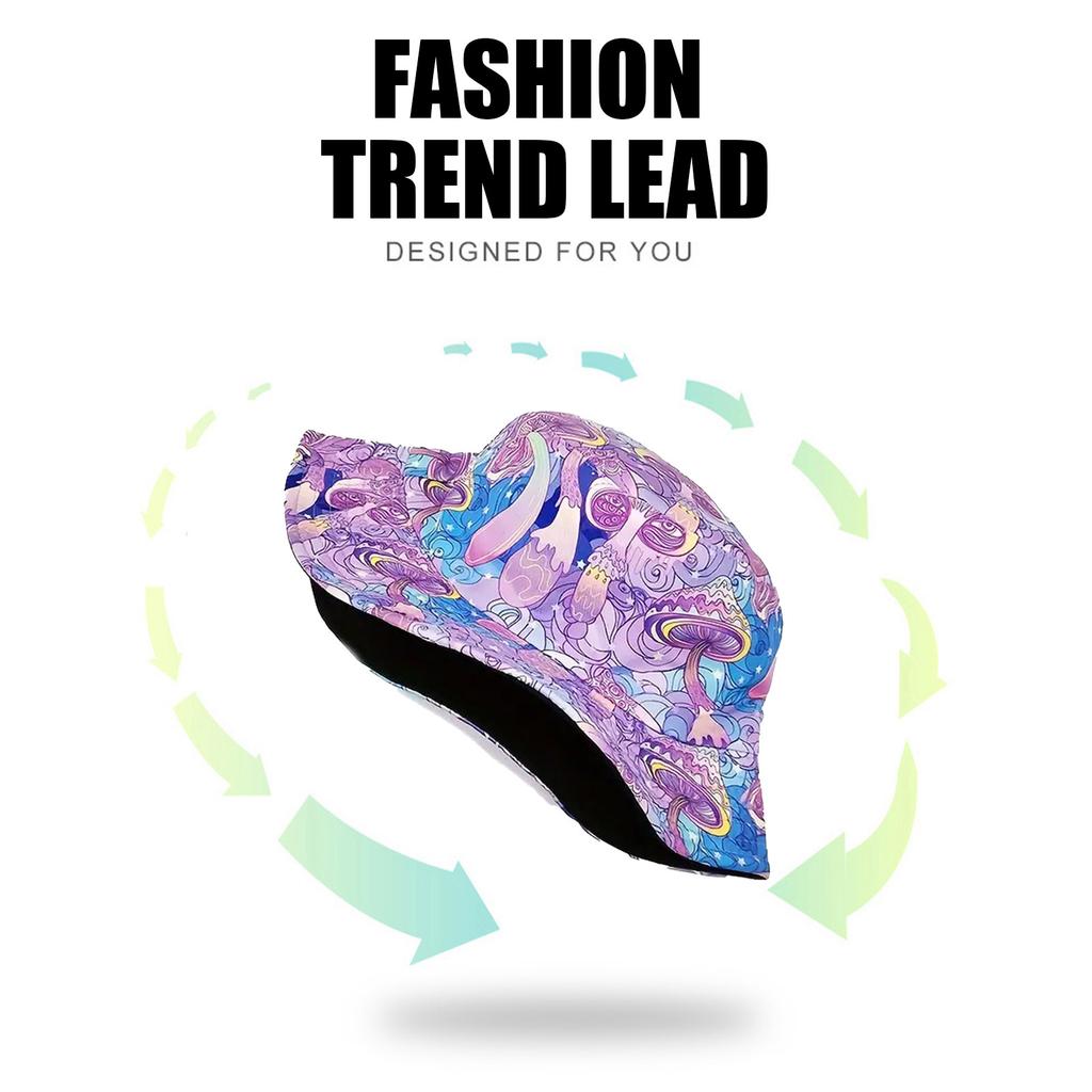 Cappello a secchiello viola double-face con stampa di funghi, protezione UV per l'estate, viaggi, spiaggia, escursionismo, casual unisex