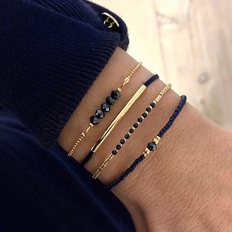 5Pcs/Set Bohemia Rice Beads Stacked Bracelets for Women Girl Handmade Imitation Pearl Crystal Bead Elastic Bracelet Jewelry Gift