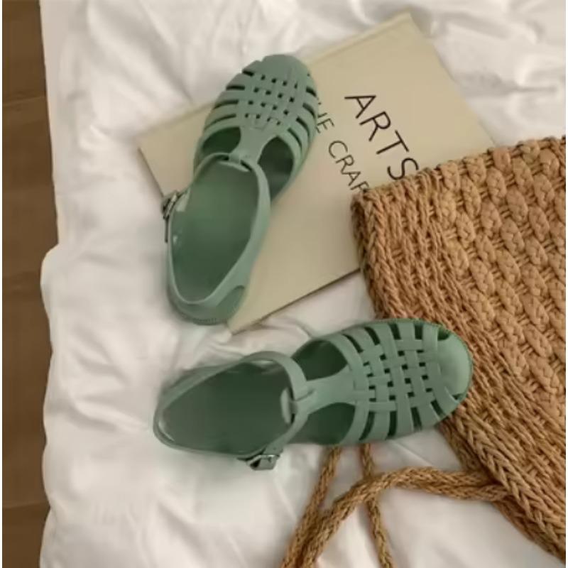 Fashion Retro Woven Roman Sandals Women's Summer Korean Sle Fairy Wind Flat Bot Jelly Oes Beach Oes Breathable Open Toe