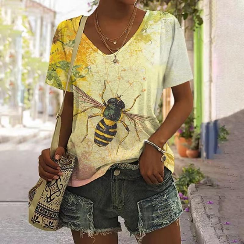 

Женская футболка с 3D-принтом и рисунком пчелы, женская повседневная уличная одежда Harajuku, летняя рубашка большого размера с коротким рукавом и V-образным вырезом 5XL