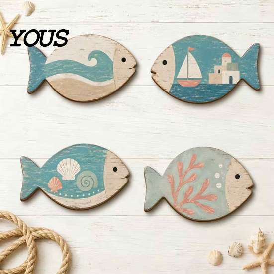Ocean Theme Wall Decorations for Bedroom 4Pcs Wooden Hanging Fish Art, Coastal Bathroom Plaque with Nautical Handcrafted Art Living Room Bedroom,