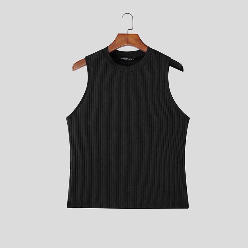 

INCERUN Men Summer Sleeveless Ribbed Casual Fitted Short Tank Tops Vest S чёрный