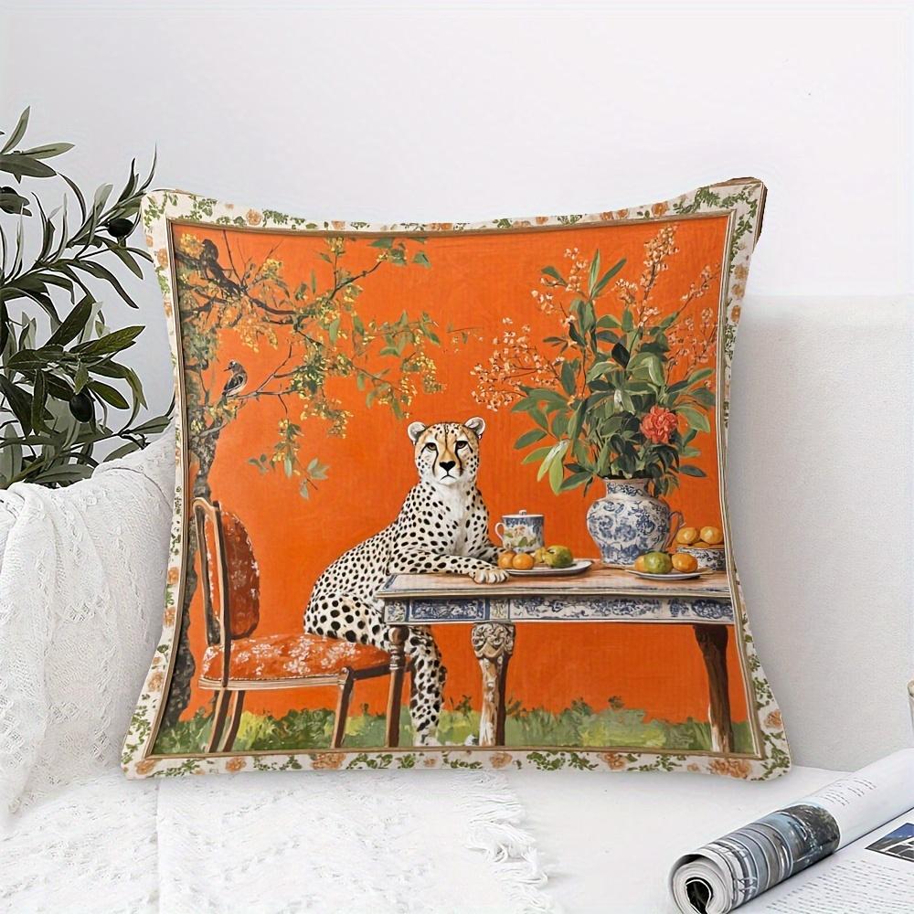 1Pc Orange Background Cheetah Dining Table Throw Pillow Cover,Suitable For Sofa,Bedroom,Living Room,A Unique Gift For Art Lovers