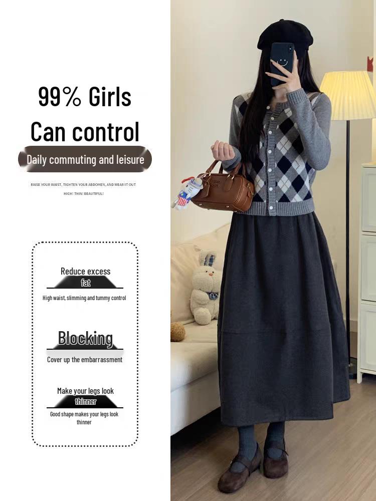 Women's Mid-Length Deep Gray Thickened Woolen Half-Skirt - Elastic Waist, Slimming, Autumn/Winter 2025.