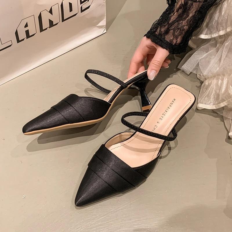 High-heeled Sandals Women's Thin Heels Pointed Summer 2025 New Outer Wear Bag Head Half Slippers