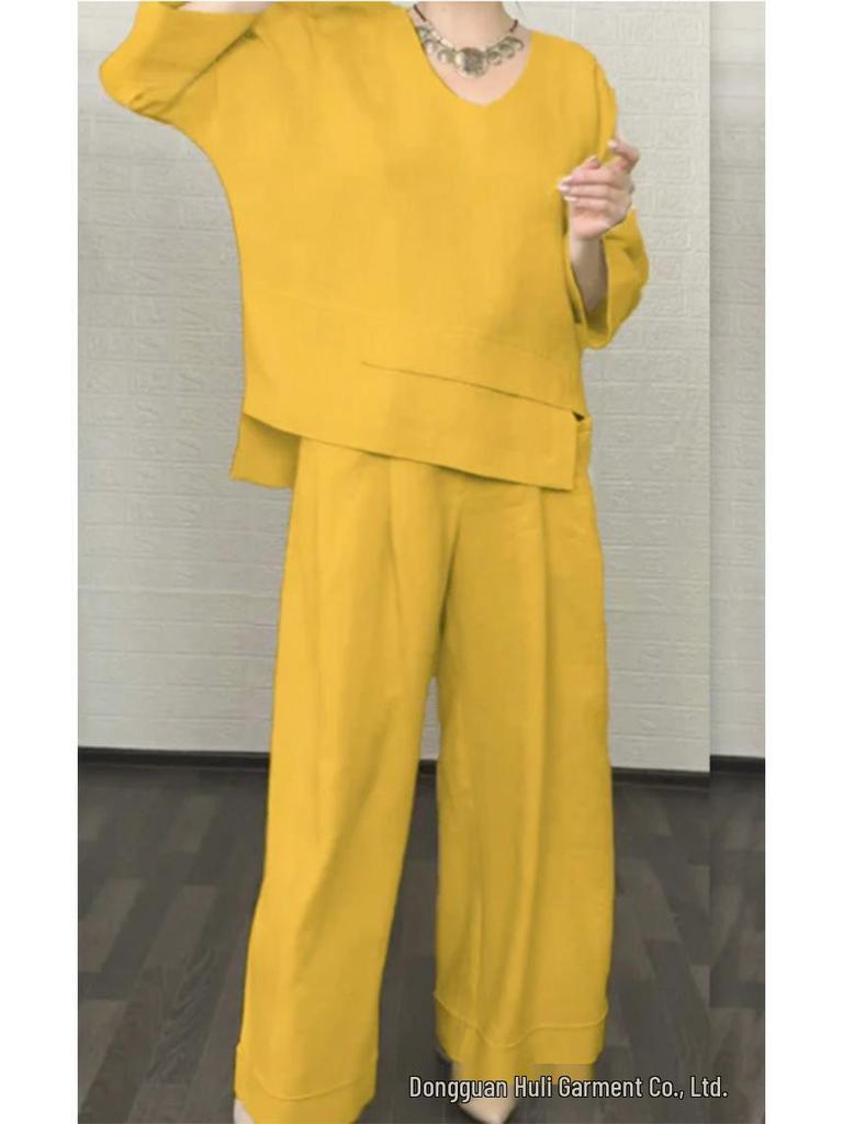 2025 Euro-American Style Solid Color Casual Two-Piece Set: Crew Neck Top & Mid-Waist Pocket Pants