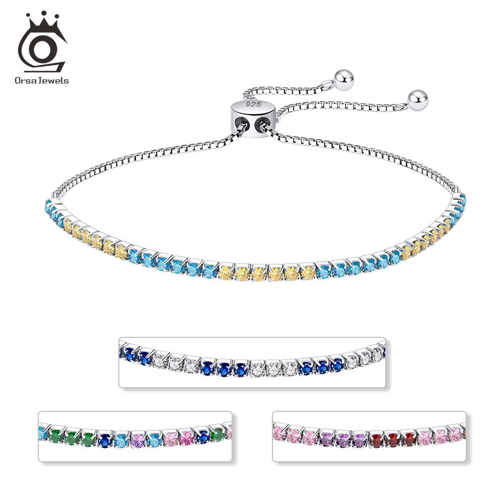 ORSA JEWELS Adjustable 925 Sterling Silver 2mm Multi-Color Tennis Bracelet for Women Zirconia Chain Bracelet Jewelry SB150