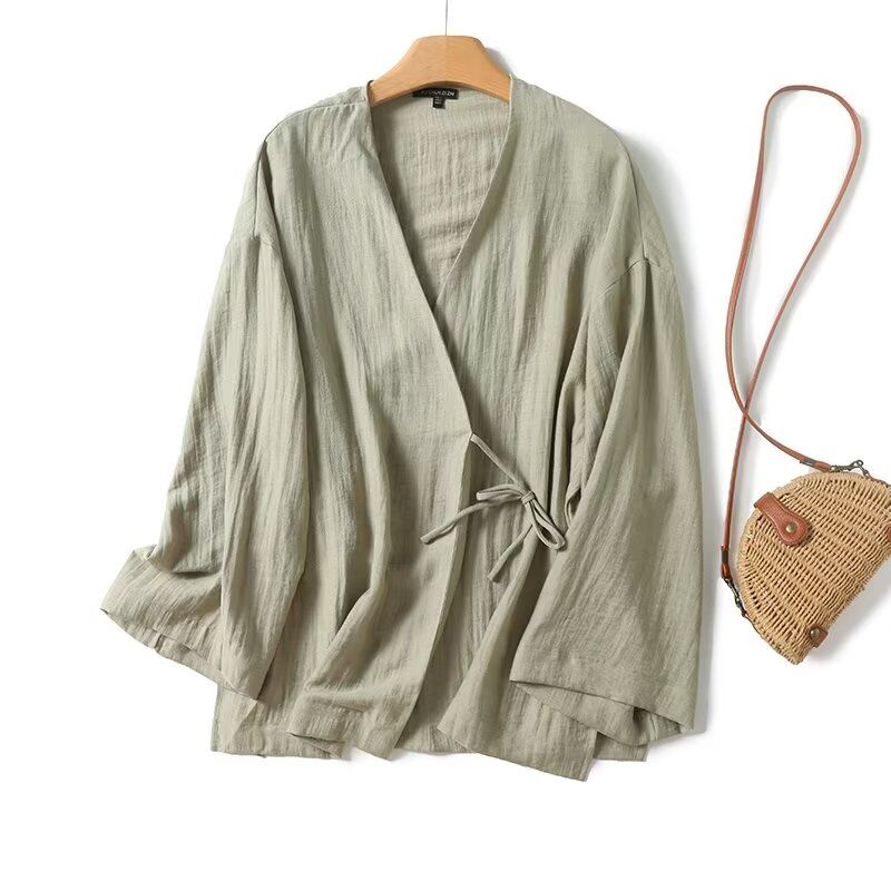 

MD Women s Clothing New Chinese Green Fresh Green Shoelace Light V-neck Long Sleeve Shirt 05155882806 Green L