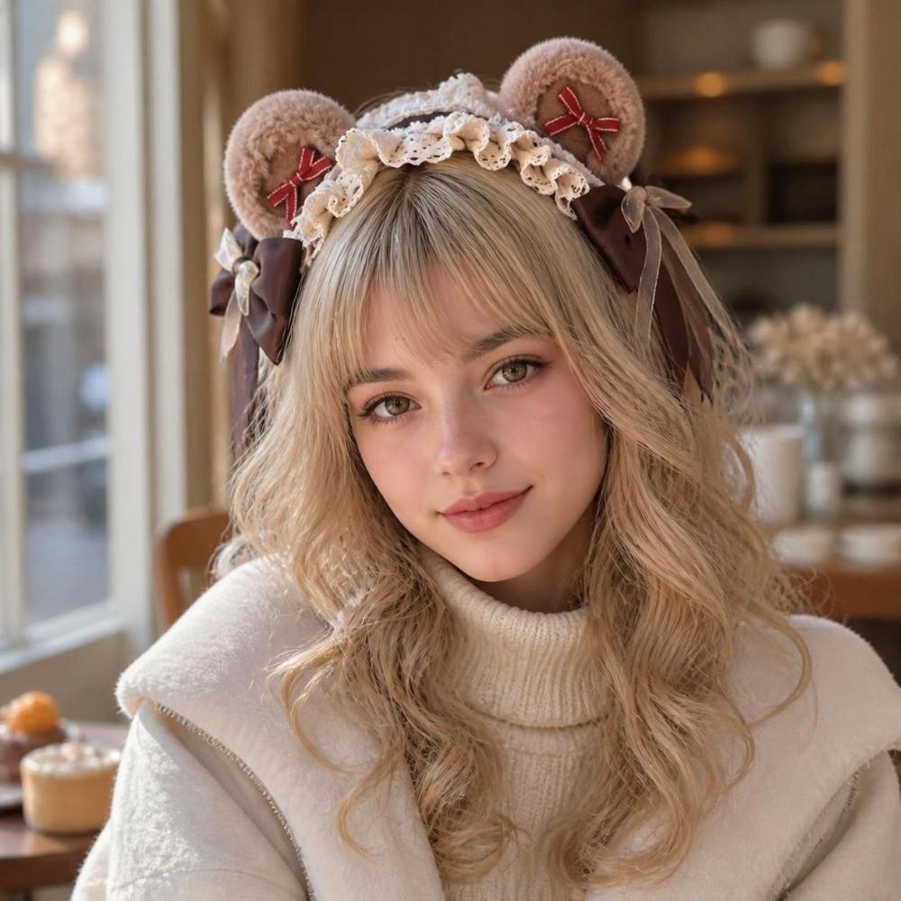 Big Bow Lolita Headband Fluffy Plush Cosplay Hair Accessory Casual Bear Ear Headband Halloween