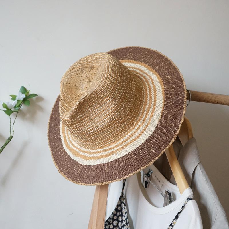 Korean Version Retro Orange Brown Striped Vacation Beach Jazz Top Hat Women'S Summer Sunshade And Sun Protection Travel Straw Hat
