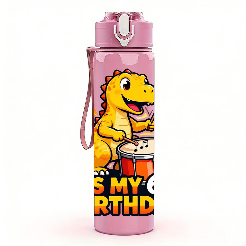 1PC It Is My 6th Birthday Drumming Dino 750ml Color Plastic Water Bottle Leakproof Flip Straw Lid For Sports Office Home Use