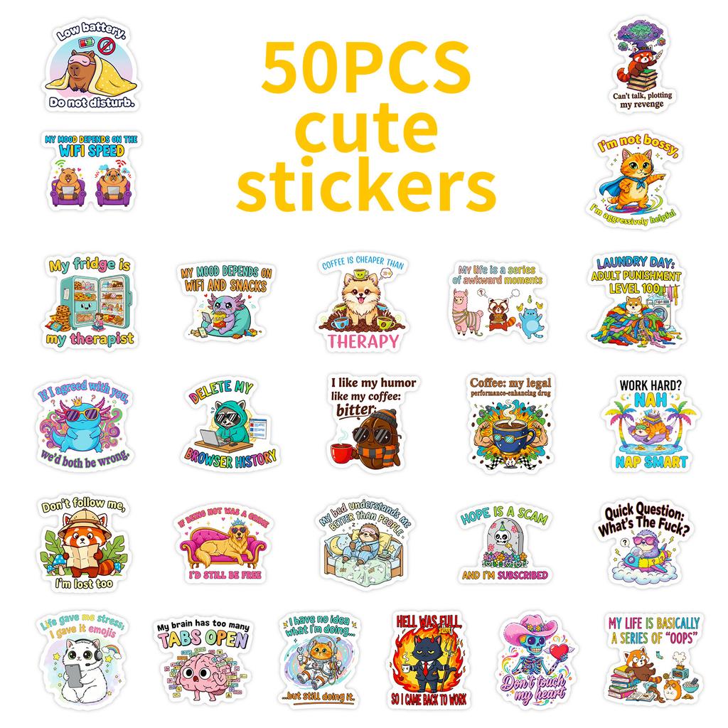 50 Cute Cartoon Animal Humorous Text Graffiti Stickers Creative Decoration Handmade Stickers