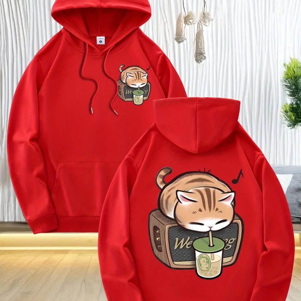 2025 kusů pánských módních mikin s kapucí, s roztomilými potisky spící kočky, z měkkého polyesterového materiálu, přední kapsa s kang