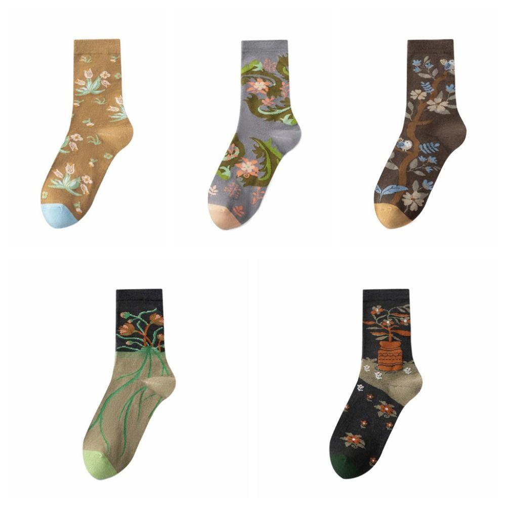 Thin Girls Mid-calf Socks Revivalism Retro Style Sock Women French Style Floral Tube Socks Female