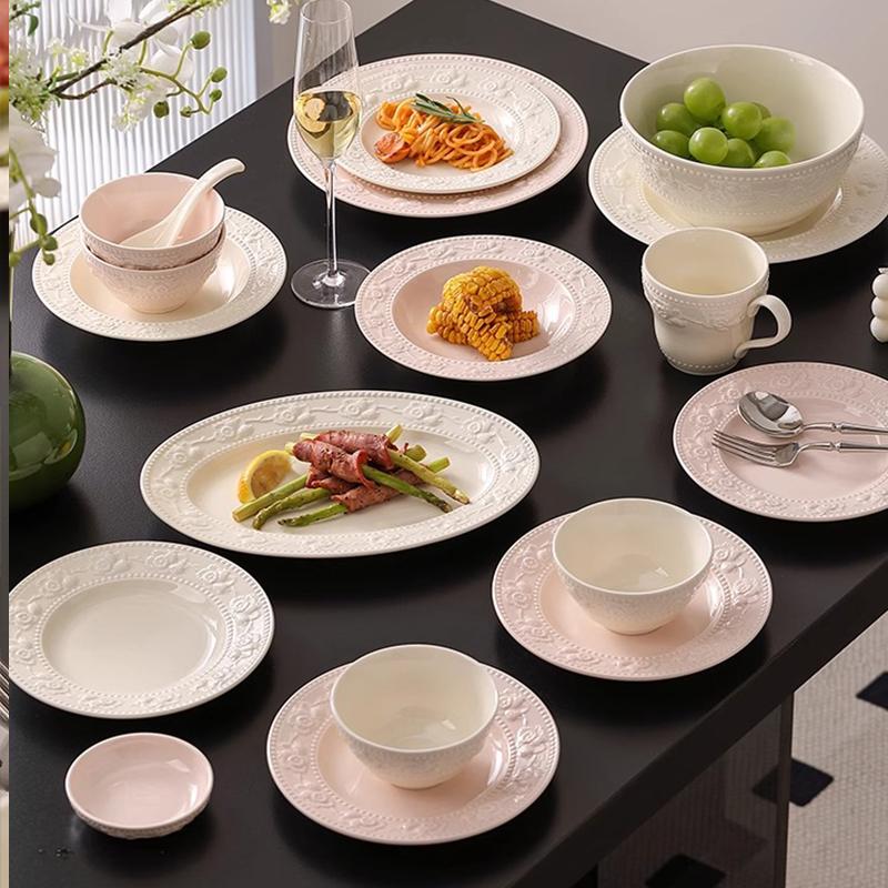 French Relief Cream Wind Ceramic Dish Household 8 Inch Underglazed Colour Exquisite Kitchen Tableware Beautiful Food Plates