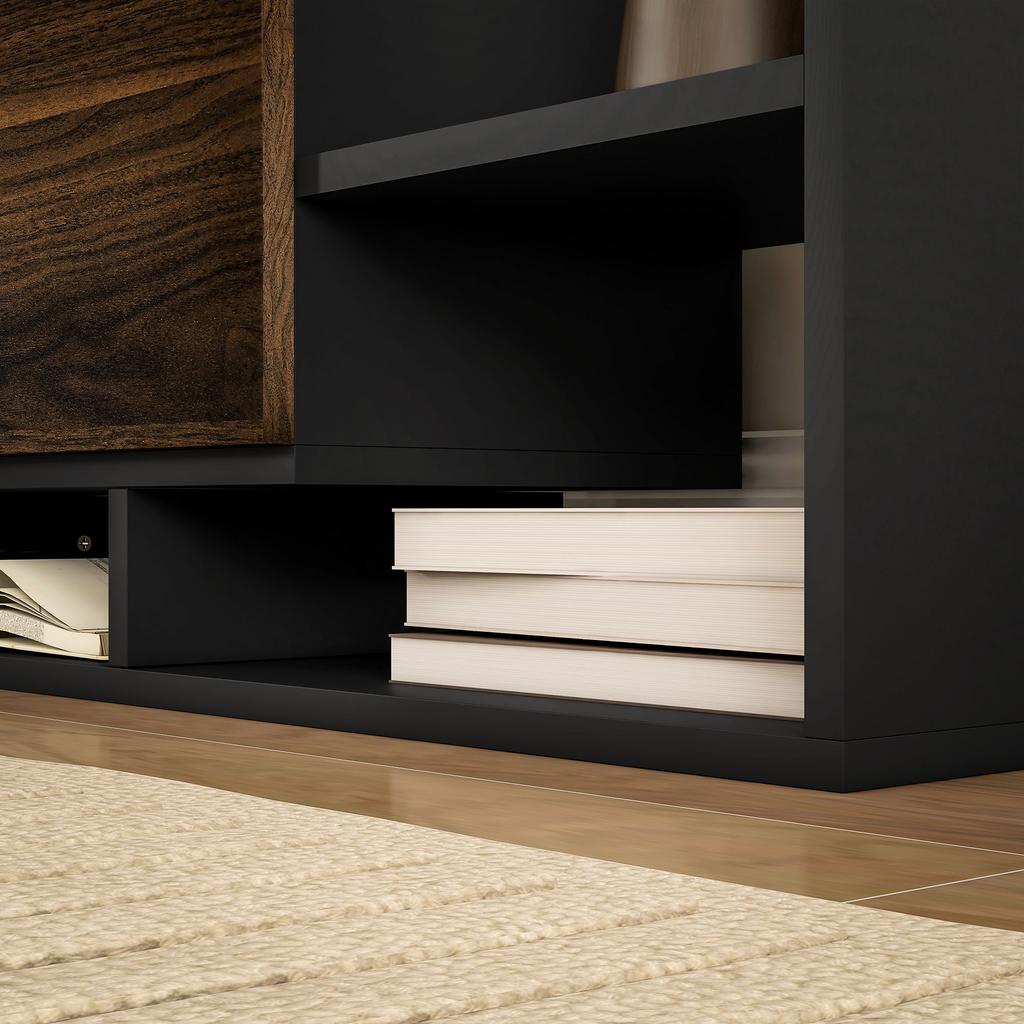 TV Cabinet with Wall Shelf, Open Shelves and Cabinet In Wood, Black and Brown