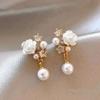 New White Camellia Zircon Pearl Drop Earrings for Women Fashionable Personalized Daily Accessory Party  Birthday Gifts