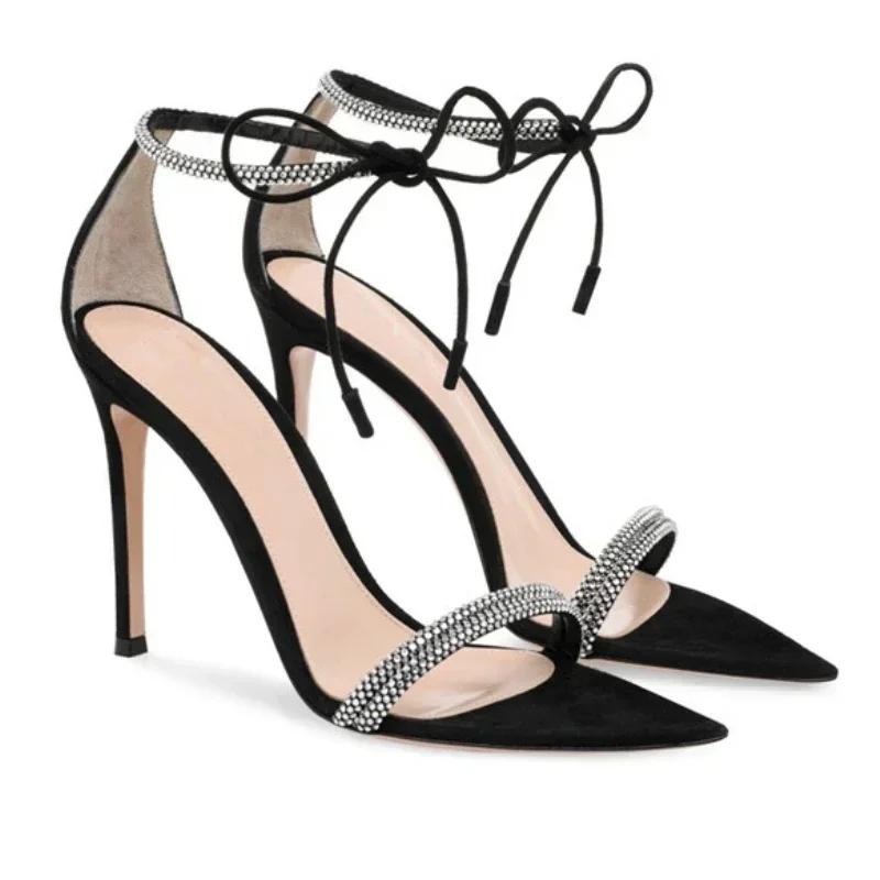 Fashion New Elegant Women Sandals Summer 2025 Sexy Pointed Toe Ankle Strap Thin High Heels Luxury Rhinestone Designer Banquet Party Shoe