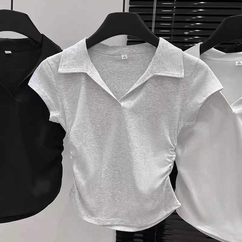 Design waist polo collar front shoulder short-sleeved women's top summer American Spice Girl v-neck slim-fit pleated gray t-shirt